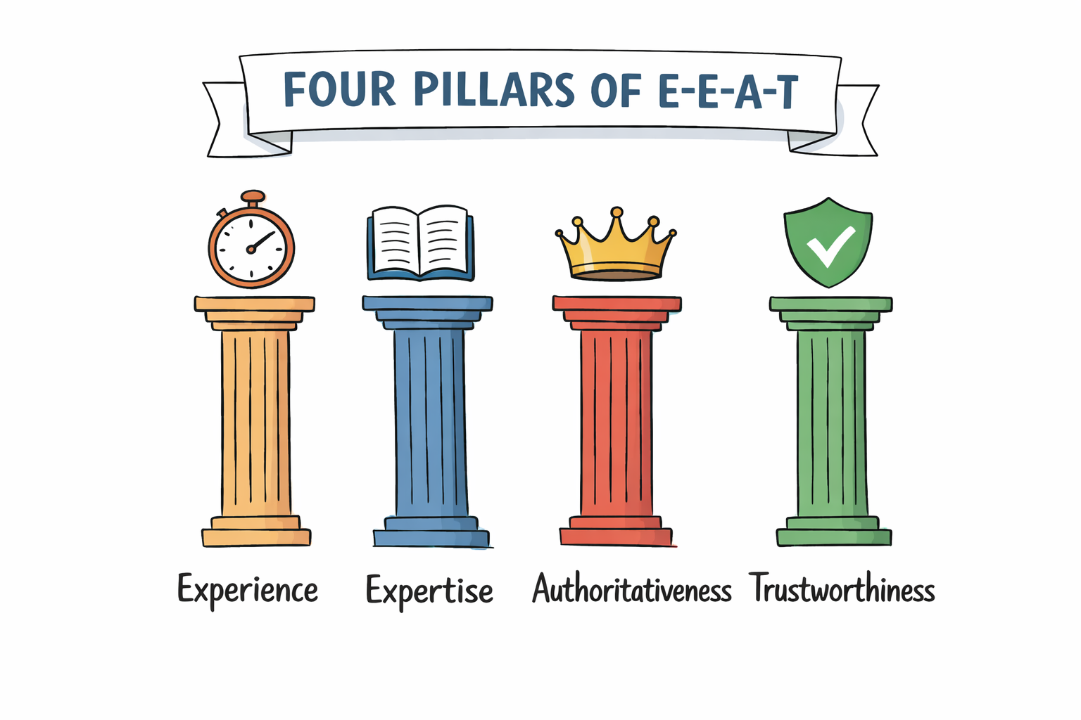 Conceptual illustration of the four pillars of E-E-A-T: Experience, Expertise, Authoritativeness, and Trustworthiness